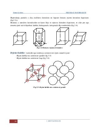 Fatmir Çerkini TEKNIKA E MATERIALEVE
80 3. KRISTALOGRAFIA
Shpërndarja paralele e disa rrafsheve kristalore në hapsirë formon rrjetën kristalore hapsinore
(fig.3.3c).
Shumica e metaleve kristalizohet në katër lloje të rrjetave kristalore hapsinore, të cilat për nga
simetria janë më të thjeshtat: kubike, heksagonale, tetragonale dhe romboidale (fig.3.4).
Fig.3.4-Format e rrjetave kristalore
Rrjetat kubike -varësisht nga vendosja e atomeve në rrjetë, mund të jenë:
-Rrjeta kubike me centrim në qendër (fig.3.5)
-Rrjeta kubike me centrim në faqe (fig.3.6)
Fig.3.5- Rrjeta kubike me centrim në qendër
 