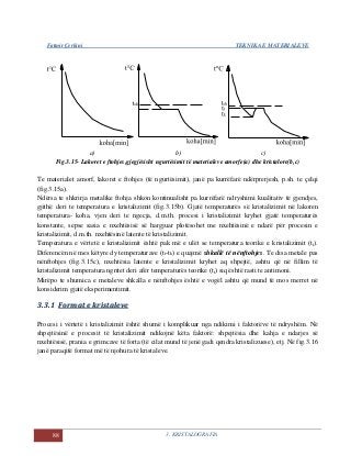 Fatmir Çerkini TEKNIKA E MATERIALEVE
88 3. KRISTALOGRAFIA
a) b) c)
Fig.3.15- Lakoret e ftohjes,gjegjësisht ngurtësimit të materialeve amorfe(a) dhe kristalore(b,c)
Te materialet amorf, lakoret e ftohjes (të ngurtësimit), janë pa kurrëfarë ndërprerjesh, p.sh. te çelqi
(fig.3.15a).
Ndërsa te shkrirja metalike ftohja shkon kontinualisht pa kurrëfarë ndryshimi kualitativ të gjendjes,
gjithë deri te temperatura e kristalizimit (fig.3.15b). Gjatë temperaturës së kristalizimit në lakoren
temperatura- koha, vjen deri te ngecja, d.m.th. procesi i kristalizimit kryhet gjatë temperaturës
konstante, sepse sasia e nxehtësisë së hargjuar plotësohet me nxehtësinë e ndarë për procesin e
kristalizimit, d.m.th. nxehtësinë latente të kristalizimit.
Temperatura e vërtetë e kristalizimit është pak më e ulët se temperatura teorike e kristalizimit (tt).
Diferencën në mes këtyre dy temperaturave (tt-tk) e quajmë shkallë të nënftohjes. Te disa metale pas
nënftohjes (fig.3.15c), nxehtësia latente e kristalizimit kryhet aq shpejtë, ashtu që në fillim të
kristalizimit temperatura ngritet deri afër temperaturës teorike (tt) siq është rasti te antimoni.
Mirëpo te shumica e metaleve shkalla e nënftohjes është e vogël ashtu që mund të mos merret në
konsiderim gjatë eksperimentimit.
33..33..11 FFoorrmmaatt ee kkrriissttaalleevvee
Procesi i vërtetë i kristalizimit është shumë i komplikuar nga ndikimi i faktorëve të ndryshëm. Në
shpejtësinë e procesit të kristalizimit ndikojnë këta faktorë: shpejtësia dhe kahja e ndarjes së
nxehtësisë, prania e grimcave të forta (të cilat mund të jenë gadi qendra kristalizuese), etj. Në fig.3.16
janë paraqitë format më të njohura të kristaleve.
 