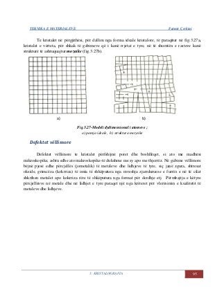 TEKNIKA E MATERIALEVE Fatmir Çerkini
3. KRISTALOGRAFIA 95
Te kristalet në përgjithësi, për dallim nga forma ideale kristalore, të paraqitur në fig.3.27a,
kristalet e vërteta, për shkak të gabimeve që i kanë rrjetat e tyre, në të shumtën e rasteve kanë
strukturë të ashtuquajtur mozaike (fig.3.27b).
a) b)
Fig.3.27-Modeli dydimensional i atomeve ;
a) pamja ideale, b) struktura mozaike
Defektet vëllimore
Defektet vëllimore te kristalet përfshijnë poret dhe boshllëqet, si ato me madhësi
mikroskopike, ashtu edhe ato makroskopike-të dukshme me sy apo me thjerrëz. Në gabime vëllimore
bëjnë pjesë edhe përcjellës (jometalik) të metaleve dhe lidhjeve të tyre, siç janë zgura, shtresat
okside, grimcëza (kokrriza) të imta të shkëputura nga mveshja zjarrduruese e furrës e në të cilat
shkrihen metalet apo kokrriza rëre të shkëputura nga format për derdhje etj. Përmbajtja e këtyre
përcjellësve në metale dhe në lidhjet e tyre paraqet një nga kriteret për vlerësimin e kualitetit të
metaleve dhe lidhjeve.
 