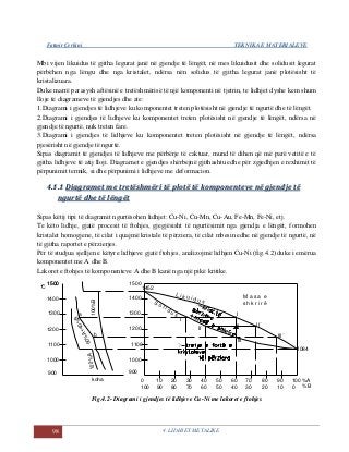 Fatmir Çerkini TEKNIKA E MATERIALEVE
98 4. LIDHJET METALIKE
Mbi vijen likuidus të gjitha legurat janë në gjendje të lëngët, në mes likuidusit dhe solidusit legurat
përbëhen nga lëngu dhe nga kristalet, ndërsa nën solidus të gjitha legurat janë plotësisht të
kristalizuara.
Duke marrë parasysh aftësinë e tretëshmërisë të një komponenti në tjetrin, te lidhjet dyshe kem shum
lloje të diagrameve të gjendjes dhe ate:
1.Diagrami i gjendjes të lidhjeve ku komponentet treten plotësisht në gjendje të ngurtë dhe të lëngët.
2.Diagrami i gjendjes të lidhjeve ku komponentet treten plotësisht në gjendje të lëngët, ndërsa në
gjendje të ngurtë, nuk treten fare.
3.Diagrami i gjendjes të lidhjeve ku komponentet treten plotësisht në gjendje të lëngët, ndërsa
pjesërisht në gjendje të ngurtë.
Sipas diagramit të gjendjes të lidhjeve me përbërje të caktuar, mund të dihen që më parë vetitë e të
gjitha lidhjeve të atij lloji. Diagramet e gjendjes shërbejnë gjithashtu edhe për zgjedhjen e rexhimit të
përpunimit termik, si dhe përpunimi i lidhjeve me deformacion.
44..11..11 DDiiaaggrraammeett mmee ttrreettëësshhmmëërrii ttëë pplloottëë ttëë kkoommppoonneenntteevvee nnëë ggjjeennddjjee ttëë
nngguurrttëë ddhhee ttëë llëënnggëëtt
Sipas këtij tipi të diagramit ngurtësohen lidhjet: Cu-Ni, Cu-Mn, Cu-Au, Fe-Mn, Fe-Ni, etj.
Te këto lidhje, gjatë procesit të ftohjes, gjegjësisht të ngurtësimit nga gjendja e lëngët, formohen
kristalet homogjene, të cilat i quajmë kristale të përziera, të cilat mbesin edhe në gjendje të ngurtë, në
të gjitha raportet e përzierjes.
Për të studjua sjelljen e këtyre lidhjeve gjatë ftohjes, analizojmë lidhjen Cu-Ni (fig.4.2) duke i emërua
komponentet me A dhe B.
Lakoret e ftohjes të komponenteve A dhe B kanë nga një pikë kritike.
15001500
1400
1200
1300
900
1000
1100
°C
koha 40
60
900
0
100
10
90
30
70
20
80
1300
1500
1400
1200
1100
1000
50
50
60
40
70
30
80
20
90
10
100
0 %B
%A
1452
1084
100%A
100%B
60%A+40%B
a
b
g
M a s a e
sh k r i r ë
L i k u i d u sS o l i d u s I
II
III
II´
III´
g
II´´
I´´
Fig.4.2- Diagrami i gjendjes të lidhjeve Cu-Ni me lakoret e ftohjes
 