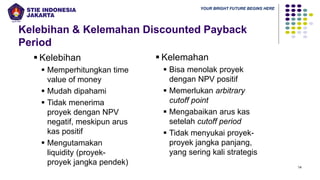 YOUR BRIGHT FUTURE BEGINS HERE
Kelebihan & Kelemahan Discounted Payback
Period
14
▪ Kelebihan
▪ Memperhitungkan time
value of money
▪ Mudah dipahami
▪ Tidak menerima
proyek dengan NPV
negatif, meskipun arus
kas positif
▪ Mengutamakan
liquidity (proyek-
proyek jangka pendek)
▪ Kelemahan
▪ Bisa menolak proyek
dengan NPV positif
▪ Memerlukan arbitrary
cutoff point
▪ Mengabaikan arus kas
setelah cutoff period
▪ Tidak menyukai proyek-
proyek jangka panjang,
yang sering kali strategis
 