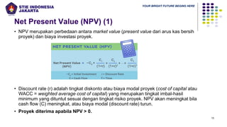 YOUR BRIGHT FUTURE BEGINS HERE
Net Present Value (NPV) (1)
15
• NPV merupakan perbedaan antara market value (present value dari arus kas bersih
proyek) dan biaya investasi proyek.
• Discount rate (r) adalah tingkat diskonto atau biaya modal proyek (cost of capital atau
WACC = weighted average cost of capital) yang merupakan tingkat imbal-hasil
minimum yang dituntut sesuai dengan tingkat risiko proyek. NPV akan meningkat bila
cash flow (C) meningkat, atau biaya modal (discount rate) turun.
• Proyek diterima apabila NPV > 0.
 