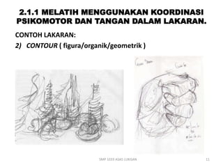 2.1.1 MELATIH MENGGUNAKAN KOORDINASI 
PSIKOMOTOR DAN TANGAN DALAM LAKARAN. 
CONTOH LAKARAN: 
2) CONTOUR ( figura/organik/geometrik ) 
SMP 1033 ASAS LUKISAN 11 
 