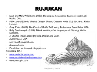 RUJUKAN 
• Mark and Mary Willenbrink (2006), Drawing for the absolute beginner, North Light 
Books, Ohio. 
• Felix Lorenzi (2005), Melukis Dengan Mudah, Crescent News (KL) Sdn. Bhd., Kuala 
Lumpur. 
• Gray, Peter. (2009). The Practical Guide To Drawing Techniques, Book Sales. USA 
• Rully Gusdiansyah. (2011). Teknik melukis potret dengan pensil. Synergy Media. 
Malaysia. 
• J, Charles (2009). Basic Drawing, Design and Color. 
Authorhouse. USA 
• senivisual1.blogspot.com 
• deviantart.com 
• Pendidikan senivisualsk.blogspot.com 
RUJUKAN IMEJ: 
• www.studentartguide.com 
• www.pencilsketchtechniques.com 
• www.picstopin.com 
SMP 1033 ASAS LUKISAN 14 
