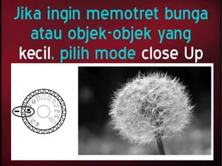 Jika ingin memotret bunga
atau objek-objek yang
kecil, pilih mode close Up
 