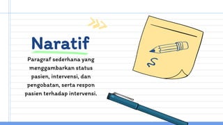 Naratif
Paragraf sederhana yang
menggambarkan status
pasien, intervensi, dan
pengobatan, serta respon
pasien terhadap intervensi.
 