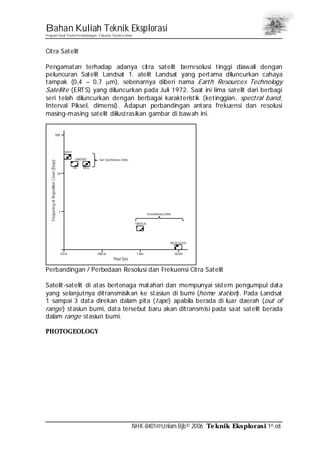 Bahan Kuliah Teknik Eksplorasi
Program Studi Teknik Pertambangan– Fakultas Teknik Unlam
NHK-8401@Unlam.Bjb© 2006 Teknik Eksplorasi 1st.ed.
Citra Satelit
Pengamatan terhadap adanya citra satelit berresolusi tinggi diawali dengan
peluncuran Satelit Landsat 1. atelit Landsat yang pertama diluncurkan cahaya
tampak (0,4 – 0,7 µm), sebenarnya diberi nama Earth Resources Technology
Satellite (ERTS) yang diluncurkan pada Juli 1972. Saat ini lima satelit dari berbagi
seri telah diluncurkan dengan berbagai karakteristik (ketinggian, spectral band,
Interval Piksel, dimensi). Adapun perbandingan antara frekuensi dan resolusi
masing-masing satelit diilustrasikan gambar di bawah ini.
100
10
1
10 m 100 m 1 km 10 km
SPOT
LANDSAT
TM MSS
Sun Synchronous Orbits
Geostationary Orbits
TIROS-N
METEOSTAT
Pixel Size
FrequencyofRepetitionCover(Days)
Perbandingan / Perbedaan Resolusi dan Frekuensi Citra Satelit
Satelit-satelit di atas bertenaga matahari dan mempunyai sistem pengumpul data
yang selanjutnya ditransmisikan ke stasiun di bumi (home station). Pada Landsat
1 sampai 3 data direkan dalam pita (tape) apabila berada di luar daerah (out of
range) stasiun bumi, data tersebut baru akan ditransmisi pada saat satelit berada
dalam range stasiun bumi.
PHOTOGEOLOGY
 