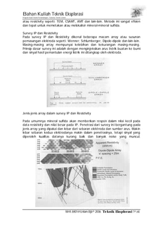 Bahan Kuliah Teknik Eksplorasi
Program Studi Teknik Pertambangan– Fakultas Teknik Unlam
NHK-8401@Unlam.Bjb© 2006 Teknik Eksplorasi 1st.ed.
atau resistivity seperti: TEM, CSAMT, AMT dan lain-lain. Metode ini sangat efisien
dan tepat untuk memetakan atau melokalisir mineral-mineral sulfida.
Survey IP dan Resistivity
Pada survey IP dan Resistivity dikenal beberapa macam array atau susunan
pemasangan elektroda seperti: Wenner; Schlumberger, Dipole-dipole dan lain-lain.
Masing-masing array mempunyai kelebihan dan kekurangan masing-masing.
Prinsip dasar survey ini adalah dengan menginjeksikan arus listrik buatan ke bumi
dan sinyal hasil pemantulan energi listrik ini ditangkap oleh elektroda.
Jenis-jenis array dalam survey IP dan Resistivity
Pada umumnya mineral sulfida akan memberikan respon dalam nilai kecil pada
data resistivity dan nilai besar pada IP. Penetrasi dari survey ini bergantung pada
jenis array yang dipakai dan lebar dari sebaran elektroda dan sumber arus. Makin
lebar sebaran kedua elektrodanya makin dalam penetrasinya, tetapi sinyal yang
diperoleh kualitas datanya kurang baik dan banyak noise yang muncul.
 