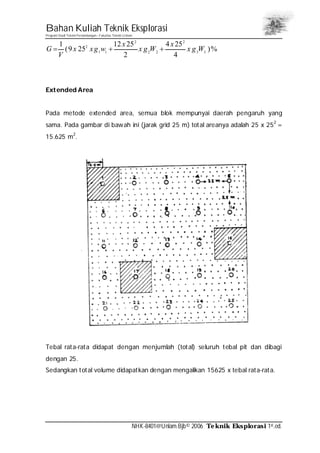 Bahan Kuliah Teknik Eksplorasi
Program Studi Teknik Pertambangan– Fakultas Teknik Unlam
NHK-8401@Unlam.Bjb© 2006 Teknik Eksplorasi 1st.ed.
%)
4
254
2
2512
259(
1
33
2
22
2
11
2
Wgx
x
Wgx
x
wgxx
V
G ++=
Extended Area
Pada metode extended area, semua blok mempunyai daerah pengaruh yang
sama. Pada gambar di bawah ini (jarak grid 25 m) total areanya adalah 25 x 252
=
15.625 m2
.
Tebal rata-rata didapat dengan menjumlah (total) seluruh tebal pit dan dibagi
dengan 25.
Sedangkan total volume didapatkan dengan mengalikan 15625 x tebal rata-rata.
 