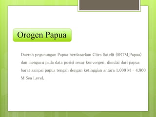 Orogen Papua 
Daerah pegunungan Papua berdasarkan Citra Satelit (SRTM_Papua) 
dan mengacu pada data posisi sesar konvergen, dimulai dari papua 
barat sampai papua tengah dengan ketinggian antara 1.000 M – 4.800 
M Sea Level. 
 