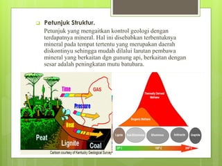  Petunjuk Struktur. 
Petunjuk yang mengaitkan kontrol geologi dengan 
terdapatnya mineral. Hal ini disebabkan terbentuknya 
mineral pada tempat tertentu yang merupakan daerah 
diskontinyu sehingga mudah dilalui larutan pembawa 
mineral yang berkaitan dgn gunung api, berkaitan dengan 
sesar adalah peningkatan mutu batubara. 
 