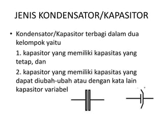 JENIS KONDENSATOR/KAPASITOR 
• Kondensator/Kapasitor terbagi dalam dua 
kelompok yaitu 
1. kapasitor yang memiliki kapasitas yang 
tetap, dan 
2. kapasitor yang memiliki kapasitas yang 
dapat diubah-ubah atau dengan kata lain 
kapasitor variabel. 
 