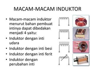 MACAM-MACAM INDUKTOR 
• Macam-macam induktor 
menurut bahan pembuat 
intinya dapat dibedakan 
menjadi 4 yaitu: 
• Induktor dengan inti 
udara 
• Induktor dengan inti besi 
• Induktor dengan inti ferit 
• Induktor dengan 
perubahan inti 
 