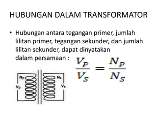 HUBUNGAN DALAM TRANSFORMATOR 
• Hubungan antara tegangan primer, jumlah 
lilitan primer, tegangan sekunder, dan jumlah 
lilitan sekunder, dapat dinyatakan 
dalam persamaan : 
 