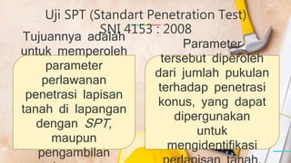 Uji SPT (Standart Penetration Test)
SNI 4153 : 2008
Tujuannya adalah
untuk memperoleh
parameter
perlawanan
penetrasi lapisan
tanah di lapangan
dengan SPT,
maupun
pengambilan
Parameter
tersebut diperoleh
dari jumlah pukulan
terhadap penetrasi
konus, yang dapat
dipergunakan
untuk
mengidentifikasi
 