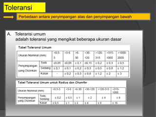 Toleransi
A. Toleransi umum
adalah toleransi yang mengikat beberapa ukuran dasar
Perbedaan antara penyimpangan atas dan penyimpangan bawah
 