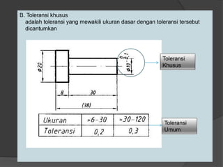 B. Toleransi khusus
adalah toleransi yang mewakili ukuran dasar dengan toleransi tersebut
dicantumkan
Toleransi
Khusus
Toleransi
Umum
 