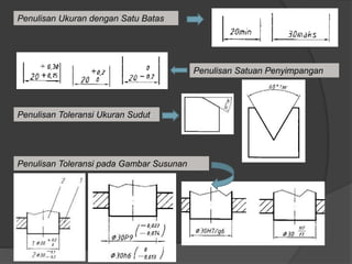 Penulisan Ukuran dengan Satu Batas
Penulisan Satuan Penyimpangan
Penulisan Toleransi pada Gambar Susunan
Penulisan Toleransi Ukuran Sudut
 