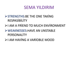 SEMA YILDIRIM
STRENGTHS:BE THE ONE TAKİNG
 RESPASİBİLİTY
I AM A FRİEND TO MUCH ENVİRONMENT
WEAKNESSES:HAVE AN UNSTABLE
 PERSONALİTY
I AM HAVİNG A VARİOBLE MOOD
 