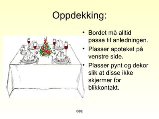 GBE
Oppdekking:
• Bordet må alltid
passe til anledningen.
• Plasser apoteket på
venstre side.
• Plasser pynt og dekor
slik at disse ikke
skjermer for
blikkontakt.
 