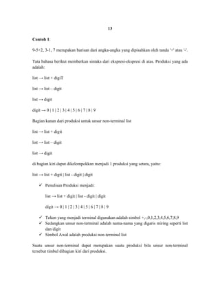 13

Contoh 1:

9-5+2, 3-1, 7 merupakan barisan dari angka-angka yang dipisahkan oleh tanda '+' atau '-'.

Tata bahasa berikut memberkan sintaks dari ekspresi-ekspresi di atas. Produksi yang ada
adalah:

list → list + digiT

list → list – digit

list → digit

digit → 0 | 1 | 2 | 3 | 4 | 5 | 6 | 7 | 8 | 9

Bagian kanan dari produksi untuk unsur non-terminal list

list → list + digit

list → list – digit

list → digit

di bagian kiri dapat dikelompokkan menjadi 1 produksi yang setara, yaitu:

list → list + digit | list - digit | digit

     Penulisan Produksi menjadi:

         list → list + digit | list - digit | digit

         digit → 0 | 1 | 2 | 3 | 4 | 5 | 6 | 7 | 8 | 9

     Token yang menjadi terminal digunakan adalah simbol +,-,0,1,2,3,4,5,6,7,8,9
     Sedangkan unsur non-terminal adalah nama-nama yang digaris miring seperti list
      dan digit
     Simbol Awal adalah produksi non-terminal list

Suatu unsur non-terminal dapat merupakan suatu produksi bila unsur non-terminal
tersebut timbul dibagian kiri dari produksi.
 