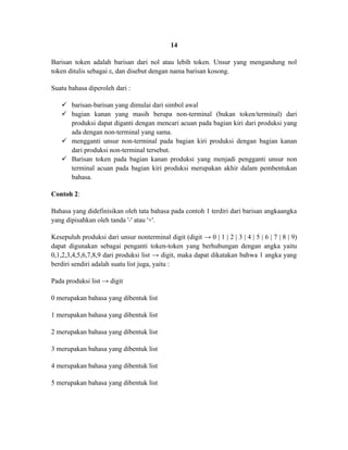 14

Barisan token adalah barisan dari nol atau lebih token. Unsur yang mengandung nol
token ditulis sebagai ε, dan disebut dengan nama barisan kosong.

Suatu bahasa diperoleh dari :

    barisan-barisan yang dimulai dari simbol awal
    bagian kanan yang masih berupa non-terminal (bukan token/terminal) dari
     produksi dapat diganti dengan mencari acuan pada bagian kiri dari produksi yang
     ada dengan non-terminal yang sama.
    mengganti unsur non-terminal pada bagian kiri produksi dengan bagian kanan
     dari produksi non-terminal tersebut.
    Barisan token pada bagian kanan produksi yang menjadi pengganti unsur non
     terminal acuan pada bagian kiri produksi merupakan akhir dalam pembentukan
     bahasa.

Contoh 2:

Bahasa yang didefinisikan oleh tata bahasa pada contoh 1 terdiri dari barisan angkaangka
yang dipisahkan oleh tanda '-' atau '+'.

Kesepuluh produksi dari unsur nonterminal digit (digit → 0 | 1 | 2 | 3 | 4 | 5 | 6 | 7 | 8 | 9)
dapat digunakan sebagai penganti token-token yang berhubungan dengan angka yaitu
0,1,2,3,4,5,6,7,8,9 dari produksi list → digit, maka dapat dikatakan bahwa 1 angka yang
berdiri sendiri adalah suatu list juga, yaitu :

Pada produksi list → digit

0 merupakan bahasa yang dibentuk list

1 merupakan bahasa yang dibentuk list

2 merupakan bahasa yang dibentuk list

3 merupakan bahasa yang dibentuk list

4 merupakan bahasa yang dibentuk list

5 merupakan bahasa yang dibentuk list
 