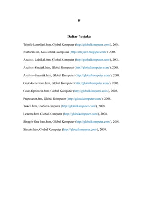 18




                                   Daftar Pustaka

Tehnik-kompilasi.htm, Global Komputer (http://globalkomputer.com/), 2008.

Nurfarani iin, Kuis-tehnik-kompilasi (http://i2n.juve.blogspot.com/), 2008.

Analisis-Leksikal.htm, Global Komputer (http://globalkomputer.com/), 2008.

Analisis-Sintaktk.htm, Global Komputer (http://globalkomputer.com/), 2008.

Analisis-Simantik.htm, Global Komputer (http://globalkomputer.com/), 2008.

Code-Generation.htm, Global Komputer (http://globalkomputer.com/), 2008.

Code-Optimizer.htm, Global Komputer (http://globalkomputer.com/), 2008.

Praposesor.htm, Global Komputer (http://globalkomputer.com/), 2008.

Token.htm, Global Komputer (http://globalkomputer.com/), 2008.

Lexeme.htm, Global Komputer (http://globalkomputer.com/), 2008.

Singgle-One-Pass.htm, Global Komputer (http://globalkomputer.com/), 2008.

Sintaks.htm, Global Komputer (http://globalkomputer.com/), 2008.
 