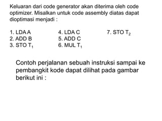Keluaran dari code generator akan diterima oleh code
optimizer. Misalkan untuk code assembly diatas dapat
dioptimasi menjadi :
1. LDA A 4. LDA C 7. STO T2
2. ADD B 5. ADD C
3. STO T1 6. MUL T1
Contoh perjalanan sebuah instruksi sampai ke
pembangkit kode dapat dilihat pada gambar
berikut ini :
 