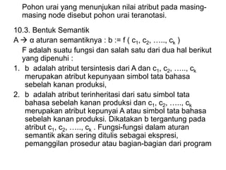 Pohon urai yang menunjukan nilai atribut pada masing-
masing node disebut pohon urai teranotasi.
10.3. Bentuk Semantik
A  α aturan semantiknya : b := f ( c1, c2, ….., ck )
F adalah suatu fungsi dan salah satu dari dua hal berikut
yang dipenuhi :
1. b adalah atribut tersintesis dari A dan c1, c2, ….., ck
merupakan atribut kepunyaan simbol tata bahasa
sebelah kanan produksi,
2. b adalah atribut terinheritasi dari satu simbol tata
bahasa sebelah kanan produksi dan c1, c2, ….., ck
merupakan atribut kepunyai A atau simbol tata bahasa
sebelah kanan produksi. Dikatakan b tergantung pada
atribut c1, c2, ….., ck . Fungsi-fungsi dalam aturan
semantik akan sering ditulis sebagai ekspresi,
pemanggilan prosedur atau bagian-bagian dari program
 