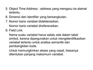 5. Object Time Address : address yang mengacu ke alamat
tertentu.
6. Dimensi dari identifier yang bersangkutan.
7. Nomor baris variabel dideklarasikan.
Nomor baris variabel direferensikan.
8. Field Link.
Nama suatu variabel harus selalu ada dalam tabel
simbol, karena dipergunakan untuk mengidentifikasikan
variabel tertentu untuk analisa semantik dan
pembangkitan kode.
Untuk memungkinkan akses yang cepat, biasanya
ditentukan panjang maksimum variabel.
 