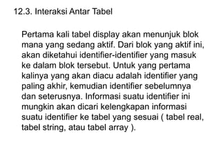 12.3. Interaksi Antar Tabel
Pertama kali tabel display akan menunjuk blok
mana yang sedang aktif. Dari blok yang aktif ini,
akan diketahui identifier-identifier yang masuk
ke dalam blok tersebut. Untuk yang pertama
kalinya yang akan diacu adalah identifier yang
paling akhir, kemudian identifier sebelumnya
dan seterusnya. Informasi suatu identifier ini
mungkin akan dicari kelengkapan informasi
suatu identifier ke tabel yang sesuai ( tabel real,
tabel string, atau tabel array ).
 