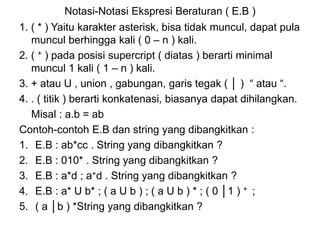 Notasi-Notasi Ekspresi Beraturan ( E.B )
1. ( * ) Yaitu karakter asterisk, bisa tidak muncul, dapat pula
muncul berhingga kali ( 0 – n ) kali.
2. ( + ) pada posisi supercript ( diatas ) berarti minimal
muncul 1 kali ( 1 – n ) kali.
3. + atau U , union , gabungan, garis tegak ( │ ) “ atau “.
4. . ( titik ) berarti konkatenasi, biasanya dapat dihilangkan.
Misal : a.b = ab
Contoh-contoh E.B dan string yang dibangkitkan :
1. E.B : ab*cc . String yang dibangkitkan ?
2. E.B : 010* . String yang dibangkitkan ?
3. E.B : a*d ; a+d . String yang dibangkitkan ?
4. E.B : a* U b* ; ( a U b ) ; ( a U b ) * ; ( 0 │1 ) + ;
5. ( a │b ) *String yang dibangkitkan ?
 