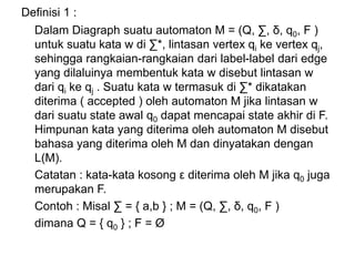 Definisi 1 :
Dalam Diagraph suatu automaton M = (Q, ∑, δ, q0, F )
untuk suatu kata w di ∑*, lintasan vertex qi ke vertex qj,
sehingga rangkaian-rangkaian dari label-label dari edge
yang dilaluinya membentuk kata w disebut lintasan w
dari qi ke qj . Suatu kata w termasuk di ∑* dikatakan
diterima ( accepted ) oleh automaton M jika lintasan w
dari suatu state awal q0 dapat mencapai state akhir di F.
Himpunan kata yang diterima oleh automaton M disebut
bahasa yang diterima oleh M dan dinyatakan dengan
L(M).
Catatan : kata-kata kosong ε diterima oleh M jika q0 juga
merupakan F.
Contoh : Misal ∑ = { a,b } ; M = (Q, ∑, δ, q0, F )
dimana Q = { q0 } ; F = Ø
 