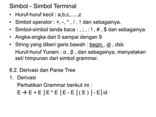 Simbol - Simbol Terminal
• Huruf-huruf kecil : a,b,c,….,z
• Simbol operator : +, -, * , / , ↑ dan sebagainya.
• Simbol-simbol tanda baca : , ; , : ! , # , $ dan sebagainya.
• Angka-angka dari 0 sampai dengan 9
• String yang diberi garis bawah : begin , id , dsb.
Huruf-huruf Yunani : α , β , dan sebagainya, menyatakan
set/ himpunan dari simbol grammar.
8.2. Derivasi dan Parse Tree
1. Derivasi
Perhatikan Grammar berikut ini :
E  E + E │E * E │E - E │( E ) │- E│id
 