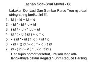 Latihan Soal-Soal Modul - 08
Lakukan Derivasi Dan Gambar Parse Tree nya dari
string-string berikut ini !!!.
1. id ↑ - id + id – id
2. - id * - id / id + id
3. ( id / - id ) * id / – id
4. id / ( - id ↑ id ) + id * id
5. - ( id * - id ) ↑ id ) + id / id
6. - id + (( id / - id ) * - id ) ↑ id
7. id - ( id / - id ) * ( - id ↑ id )
Dari tujuh nomor tersebut, uraikan langkah-
langkahnya dalam Kegiatan Shift Reduce Parsing
 