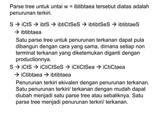 Parse tree untuk untai w = ibtibtaea tersebut diatas adalah
penurunan terkiri.
S  iCtS  ibtS  ibtiCtSeS  ibtibtSeS  ibtibtaeS
 ibtibtaea
Satu parse tree untuk penurunan terkanan dapat pula
dibangun dengan cara yang sama, dimana setiap non
terminal terkanan yang diketemukan diganti dengan
productionnya.
S  iCtS  iCtiCtSeS  iCtiCtSea  iCtiCtaea
 iCtibtaea  ibtibtaea
Penurunan terkiri ekivalen dengan penurunan terkanan.
Satu penurunan terkiri/ terkanan dengan mudah dapat
diubah menjadi satu parse tree atau sebaliknya. Satu
parse tree menjadi penurunan terkiri/ terkanan.
 