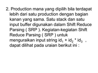 2. Production mana yang dipilih bila terdapat
lebih dari satu production dengan bagian
kanan yang sama. Satu stack dan satu
input buffer digunakan dalam Shift Reduce
Parsing ( SRP ). Kegiatan-kegiatan Shift
Reduce Parsing ( SRP ) untuk
menguraikan input string id1 + id2 * id3 ,
dapat dilihat pada uraian berikut ini :
 
