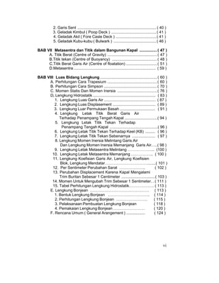 vi
2. Garis Sent ........................................................................( 40 )
3. Geladak Kimbul ( Poop Deck ) .........................................( 41 )
4. Geladak Akil ( Fore Casle Deck ) .....................................( 41 )
5. Geladak Kubu-kubu ( Bulwark ) .......................................( 46 )
BAB VII Metasentra dan Titik dalam Bangunan Kapal ................ ( 47 )
A. Titik Berat (Centre of Gravity) ............................................. ( 47 )
B.Titik tekan (Centre of Buoyancy) ......................................... ( 48 )
C.Titik Berat Garis Air (Centre of floatation) ............................ ( 51 )
D.Metasentra ........................................................................... ( 59 )
BAB VIII Luas Bidang Lengkung.................................................... ( 60 )
A. Perhitungan Cara Trapesium ............................................. ( 60 )
B. Perhitungan Cara Simpson ................................................ ( 70 )
C. Momen Statis Dan Momen Inersia .................................... ( 76 )
D. Lengkung Hidrostatik ......................................................... ( 83 )
1. Lengkung Luas Garis Air ............................................... ( 87 )
2. Lengkung Luas Displasement ....................................... ( 89 )
3. Lengkung Luar Permukaan Basah ................................ ( 91 )
4. Lengkung Letak Titik Berat Garis Air
Terhadap Penampang Tengah Kapal ..............................( 94 )
5. Lengkung Letak Titik Tekan Terhadap
Penampang Tengah Kapal ............................................( 96 )
6. Lengkung Letak Titik Tekan Terhadap Keel (KB) ......... ( 96 )
7. Lengkung Letak Titik Tekan Sebenarnya ..................... ( 97 )
8. Lengkung Momen Inersia Melintang Garis Air
Dan Lengkung Momen Inersia Memanjang Garis Air…..( 98 )
9. Lengkung Letak Metasentra Melintang ………………... (100 )
10. Lengkung Letak Metasentra Memanjang …………….. ( 100 )
11. Lengkung Koefisian Garis Air, Lengkung Koefisien
Blok, Lengkung Mendatar…………………………….......( 101 )
12. Per Sentimeter Perubahan Sarat ……………….. ( 102 )
13. Perubahan Displacement Karena Kapal Mengalami
Trim Buritan Sebesar 1 Centimeter ...............................( 103 )
14. Momen Untuk Mengubah Trim Sebesar 1 Sentimeter. . ( 111 )
15. Tabel Perhitungan Lengkung Hidrostatik………………. ( 113 )
E. Lengkung Bonjean ……………………………………… ( 113 )
1. Bentuk Lengkung Bonjean ………………………….. ( 114 )
2. Perhitungan Lengkung Bonjean …………………… ( 115 )
3. Pelaksanaan Pembuatan Lengkung Bonjean ( 118 )
4. Pemakaian Lengkung Bonjean …………………… ( 120 )
F. Rencana Umum ( General Arangement ) ................. ( 124 )
 