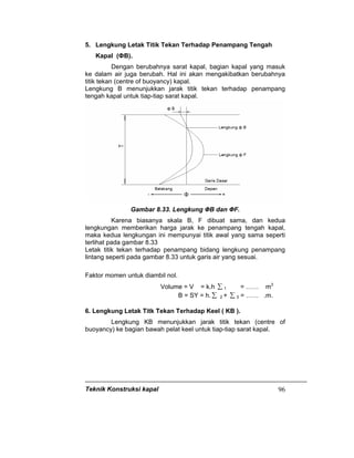 Teknik Konstruksi kapal 96
5. Lengkung Letak Titik Tekan Terhadap Penampang Tengah
Kapal (ФB).
Dengan berubahnya sarat kapal, bagian kapal yang masuk
ke dalam air juga berubah. Hal ini akan mengakibatkan berubahnya
titik tekan (centre of buoyancy) kapal.
Lengkung B menunjukkan jarak titik tekan terhadap penampang
tengah kapal untuk tiap-tiap sarat kapal.
Gambar 8.33. Lengkung ФB dan ФF.
Karena biasanya skala B, F dibuat sama, dan kedua
lengkungan memberikan harga jarak ke penampang tengah kapal,
maka kedua lengkungan ini mempunyai titik awal yang sama seperti
terlihat pada gambar 8.33
Letak titik tekan terhadap penampang bidang lengkung penampang
lintang seperti pada gambar 8.33 untuk garis air yang sesuai.
Faktor momen untuk diambil nol.
Volume = V = k.h ∑ 1 = …… m3
B = SY = h. ∑ 2 + ∑ 3 = …… .m.
6. Lengkung Letak Titk Tekan Terhadap Keel ( KB ).
Lengkung KB menunjukkan jarak titik tekan (centre of
buoyancy) ke bagian bawah pelat keel untuk tiap-tiap sarat kapal.
 