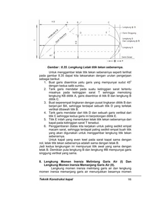 Teknik Konstruksi kapal 98
Gambar : 8.35. Lengkung Letak titik tekan sebenarnya.
Untuk menggambar letak titik tekan sebenarnya seperti terlihat
pada gambar 8.35 dapat kita laksanakan dengan urutan pengerjaan
sebagai berikut:
1. Buat garis disentrice yaitu garis yang mempunyai sudut 450
dengan kedua salib sumbu.
2. Tarik garis mendatar pada suatu ketinggian sarat tertentu
misalnya pada ketinggian sarat T sehingga memotong
lengkung KB dititik A, garis disentrice di titik B dan lengkung B
dititik C.
3. Buat seperempat lingkaran dengan pusat lingkaran dititik B dan
berjari-jari BA, sehingga terdapat sebuah titik D yang terletak
vertikal dibawah titik B.
4. Tarik garis mendatar dari titik D dan sebuah garis vertikal dari
titik C sehingga kedua garis ini berpotongan dititik E.
5. Titik E inilah yang menentukan letak titik tekan sebenarnya dari
kapal pada ketinggian sarat T tersebut.
6. Penggambaran diatas kita kerjakan untuk paling sedikit empat
macam sarat, sehingga terdapat paling sedikit empat buah titik
yang akan digunakan untuk menggambar lengkung titik tekan
sebenarnya.
Untuk kapal yang even keel pada sarat kapal sama dengan
nol, letak titik tekan sebenarnya adalah sama dengan letak B.
Jadi kedua lengkungan ini mempunyai titik awal yang sama dengan
letak B. Demikian pula lengkung B dan lengkung ФB mempunyai garis
singgung vertikal yang sama.
8. Lengkung Momen Inersia Melintang Garis Air (I) Dan
Lengkung Momen Inersia Memanjang Garis Air (Il).
Lengkung momen inersia melintang garis air dan lengkung
momen inersia memanjang garis air menunjukkan besarnya momen
 
