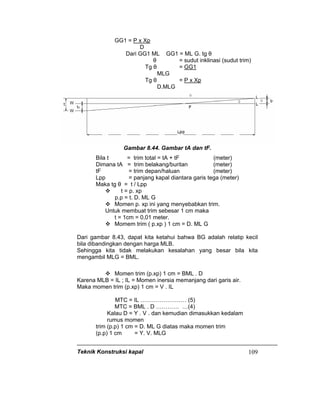 Teknik Konstruksi kapal 109
GG1 = P x Xp
D
Dari GG1 ML GG1 = ML G. tg θ
θ = sudut inklinasi (sudut trim)
Tg θ = GG1
MLG
Tg θ = P x Xp
D.MLG
Gambar 8.44. Gambar tA dan tF.
Bila t = trim total = tA + tF (meter)
Dimana tA = trim belakang/buritan (meter)
tF = trim depan/haluan (meter)
Lpp = panjang kapal diantara garis tega (meter)
Maka tg θ = t / Lpp
t = p. xp
p.p = t. D. ML G
Momen p. xp ini yang menyebabkan trim.
Untuk membuat trim sebesar 1 cm maka
t = 1cm = 0,01 meter.
Momem trim ( p.xp ) 1 cm = D. ML G
Dari gambar 8.43, dapat kita ketahui bahwa BG adalah relatip kecil
bila dibandingkan dengan harga MLB.
Sehingga kita tidak melakukan kesalahan yang besar bila kita
mengambil MLG = BML.
Momen trim (p.xp) 1 cm = BML . D
Karena MLB = IL ; IL = Momen inersia memanjang dari garis air.
Maka momen trim (p.xp) 1 cm = V . IL
MTC = IL …………………… (5)
MTC = BML . D ………… …(4)
Kalau D = Y . V . dan kemudian dimasukkan kedalam
rumus momen
trim (p.p) 1 cm = D. ML G diatas maka momen trim
(p.p) 1 cm = Y. V. MLG
 