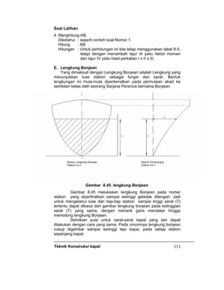 Teknik Konstruksi kapal 113
Soal Latihan
4. Menghitung KB.
Diketahui : seperti contoh soal Nomor 1.
Hitung : KB
Hitungan : Untuk perhitungan ini kita tetap menggunakan tabel 8-5,
tetapi dengan menambah lajur III yaitu faktor momen
dan lajur IV yaitu hasil perkalian I x II x III.
E. Lengkung Bonjean
Yang dimaksud dengan Lengkung Bonjean adalah Lengkung yang
menunjukkan luas station sebagai fungsi dari sarat. Bentuk
lengkungan ini mula-mula diperkenalkan pada permulaan abad ke
sembilan belas oleh seorang Sarjana Perancis bernama Bonjean.
Gambar 8.45. lengkung Bonjean.
Gambar 8.45 melukiskan lengkung Bonjean pada nomer
station yang diperlihatkan sampai setinggi geladak ditengah. Jadi
untuk mengetahui luas dari tiap-tiap station sampai tinggi sarat (T)
tertentu dapat dibaca dari gambar lengkung bonjean pada ketinggian
sarat (T) yang sama, dengan menarik garis mendatar hingga
memotong lengkung Bonjean.
Demikian pula untuk sarat-sarat kapal yang lain dapat
dilakukan dengan cara yang sama. Pada umumnya lengkung bonjean
cukup digambar sampai setinggi tepi kapai, pada setiap station
sepanjang kapal.
 