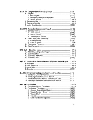 ix
BAB XVI Jangkar dan Perlengkapannya ......................................( 329 )
A. Jangkar ..............................................................................( 330)
1. Jenis jangkar ................................................................( 330 )
2. Gaya yang bekerja pada jangkar .................................( 330 )
3. Ukuran jangkar ............................................................. ( 334 )
B. Tabung jangkar ................................................................... ( 338 )
C. Bak rantai jangkar .............................................................. ( 339 )
D. Mesin derek jangkar ...........................................................( 342 )
BAB XVII Peralatan keselamatan kapal ........................................( 345)
A. Sekoci penolong ...............................................................( 347)
1. Jenis sekoci ................................................................( 348 )
2. Bahan sekoci ..............................................................( 348 )
3. Penempatan Sekoci .................................................... ( 349.)
B. Dewi-Dewi (Davit penolong)..............................................( 351 )
1. Cara Menuang .............................................................( 354 )
2. Cara Grafitasi ............................................................... ( 354)
C. Pelampung Penolong ........................................................ ( 358 )
D. Rakit Penolong..................................................................( 360)
BAB XVIII Stabilitas kapal ..............................................................( 370 )
A. Titik-titik penting dalam kapal ...........................................( 370 )
B. Stabilitas Stabil ................................................................. ( 372 )
C. Stabilitas Indifferen .......................................................... ( 375 )
D. Stabilitas Labil ..................................................................( 375 )
BAB XIX Pembuatan dan Perakitan Komponen Badan Kapal ....( 376 )
A. Fabrikasi ............................................................................ ( 376 )
B. Sub Assembly .................................................................... ( 380 )
C. Assembly ........................................................................... ( 381 )
D. Erection .............................................................................( 387 )
BAB XX Deformasi pada permukaan konstruksi las ...................( 413 )
A. Gambaran Umum Deformasi .............................................( 413 )
B. Sambungan Las Perubahan Bentuk ..................................( 414 )
C. Perubahan Bentuk Karena Pemotongan Gas ...................( 417 )
D. Mencegah dan Pelurusan Perubahan Bentuk ...................( 418 )
BAB XXI. Fibreglass ........................................................................ ( 425 )
A. Gambaran Umum Fibreglass ...........................................( 425 )
B. Pembuatan Fibreglass .....................................................( 426 )
1. Choped Strand Mat ( Matto ) ......................................( 427 )
2. Woven Roving ( Cross ) .............................................( 427 )
3. Woven Cloth ...............................................................( 427 )
4. Triaxial ........................................................................( 427 )
5. Sifat-sifat dari Fibregalass ..........................................( 428 )
 