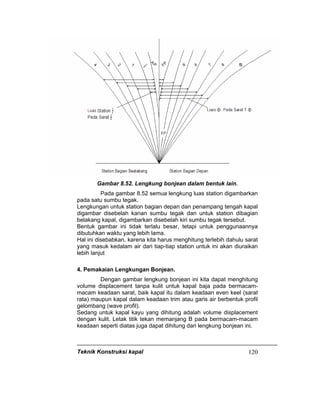 Teknik Konstruksi kapal 120
Gambar 8.52. Lengkung bonjean dalam bentuk lain.
Pada gambar 8.52 semua lengkung luas station digambarkan
pada satu sumbu tegak.
Lengkungan untuk station bagian depan dan penampang tengah kapal
digambar disebelah kanan sumbu tegak dan untuk station dibagian
belakang kapal, digambarkan disebelah kiri sumbu tegak tersebut.
Bentuk gambar ini tidak terlalu besar, tetapi untuk penggunaannya
dibutuhkan waktu yang lebih lama.
Hal ini disebabkan, karena kita harus menghitung terlebih dahulu sarat
yang masuk kedalam air dari tiap-tiap station untuk ini akan diuraikan
lebih lanjut
4. Pemakaian Lengkungan Bonjean.
Dengan gambar lengkung bonjean ini kita dapat menghitung
volume displacement tanpa kulit untuk kapal baja pada bermacam-
macam keadaan sarat, baik kapal itu dalam keadaan even keel (sarat
rata) maupun kapal dalam keadaan trim atau garis air berbentuk profil
gelombang (wave profil).
Sedang untuk kapal kayu yang dihitung adalah volume displacement
dengan kulit. Letak titik tekan memanjang B pada bermacam-macam
keadaan seperti diatas juga dapat dihitung dari lengkung bonjean ini.
 