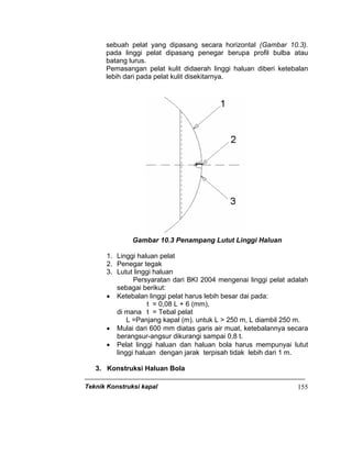 Teknik Konstruksi kapal 155
sebuah pelat yang dipasang secara horizontal (Gambar 10.3).
pada linggi pelat dipasang penegar berupa profil bulba atau
batang lurus.
Pemasangan pelat kulit didaerah linggi haluan diberi ketebalan
lebih dari pada pelat kulit disekitarnya.
Gambar 10.3 Penampang Lutut Linggi Haluan
1. Linggi haluan pelat
2. Penegar tegak
3. Lutut linggi haluan
Persyaratan dari BKI 2004 mengenai linggi pelat adalah
sebagai berikut:
• Ketebalan linggi pelat harus lebih besar dai pada:
t = 0,08 L + 6 (mm),
di mana t = Tebal pelat
L =Panjang kapal (m). untuk L > 250 m, L diambil 250 m.
• Mulai dari 600 mm diatas garis air muat, ketebalannya secara
berangsur-angsur dikurangi sampai 0,8 t.
• Pelat linggi haluan dan haluan bola harus mempunyai lutut
linggi haluan dengan jarak terpisah tidak lebih dari 1 m.
3. Konstruksi Haluan Bola
 