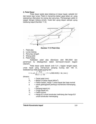 Teknik Konstruksi kapal 169
2. Pelat Dasar
Pelat dasar (pelat alas) letaknya di dasar kapal, sebelah kiri
dan kanan lajur lunas. Pelat ini menerima beban gaya tekan air, yang
selanjutnya diteruskan ke wrang dan penumpu. Pemasangan pelat ini
sejajar dengan bidang simetri, mulai dari ujung depan sampai ujung
belakang kapal (Gambar 11.5)
Gambar 11.5 Pelat Alas
1. Pelat alas
2. Lunas batang
3. Penumpu tengah
4. Wrang pelat
5. Pelat hadap
Ketebalan pelat alas ditentukan oleh BKI,2004 dan
penentuan itu dikategorikan dalam bermacam-macam bagian
(daerah).
Pelat dasar pada daerah arah 0,4 L bagian tengah kapal,
untuk kapal yang mempunyai panjang kurang dari 100 m,
ketebalannya tidak boleh kurang dari :
t = n1 a.
50/5.16
.
L
kPs
+
( 1 + L/300-H/25) + tk ( mm )
dimana :
t = Tebal pelat (mm)
Ps = Beban di dasar kapal (kN/m2
)
k = Faktor bahan, harga 1 untuk kapal dari baja normal
a = Jarak gading/jarak pembujur konstruksi memanjang
(m)
L = Panjang kapal (m)
H = Tinggi kapal (m)
Tk = Faktor korosi.
n1 = Harga 8,5 untuk konstruksi melintang dan harga 6,8
untuk konstruksi memanjang
 