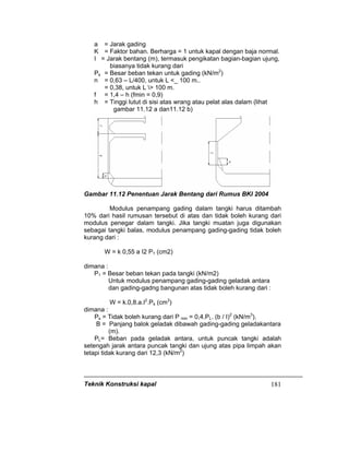 Teknik Konstruksi kapal 181
a = Jarak gading
K = Faktor bahan. Berharga = 1 untuk kapal dengan baja normal.
I = Jarak bentang (m), termasuk pengikatan bagian-bagian ujung,
biasanya tidak kurang dari
Ps = Besar beban tekan untuk gading (kN/m2
)
n = 0,63 – L/400, untuk L <_ 100 m..
= 0,38, untuk L > 100 m.
f = 1,4 – h (fmin = 0,9)
h = Tinggi lutut di sisi atas wrang atau pelat alas dalam (lihat
gambar 11.12 a dan11.12 b)
Gambar 11.12 Penentuan Jarak Bentang dari Rumus BKI 2004
Modulus penampang gading dalam tangki harus ditambah
10% dari hasil rumusan tersebut di atas dan tidak boleh kurang dari
modulus penegar dalam tangki. Jika tangki muatan juga digunakan
sebagai tangki balas, modulus penampang gading-gading tidak boleh
kurang dari :
W = k 0,55 a I2 P1 (cm2)
dimana :
P1 = Besar beban tekan pada tangki (kN/m2)
Untuk modulus penampang gading-gading geladak antara
dan gading-gadng bangunan atas tidak boleh kurang dari :
W = k.0,8.a.I2
.Ps (cm3
)
dimana :
Ps = Tidak boleh kurang dari P min = 0,4.PL. (b / I)2
(kN/m3
).
B = Panjang balok geladak dibawah gading-gading geladakantara
(m).
PL= Beban pada geladak antara, untuk puncak tangki adalah
setengah jarak antara puncak tangki dan ujung atas pipa limpah akan
tetapi tidak kurang dari 12,3 (kN/m2
)
 