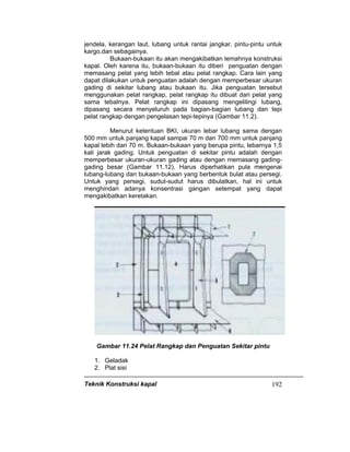 Teknik Konstruksi kapal 192
jendela, kerangan laut, lubang untuk rantai jangkar, pintu-pintu untuk
kargo,dan sebagainya.
Bukaan-bukaan itu akan mengakibatkan lemahnya konstruksi
kapal. Oleh karena itu, bukaan-bukaan itu diberi penguatan dengan
memasang pelat yang lebih tebal atau pelat rangkap. Cara lain yang
dapat dilakukan untuk penguatan adalah dengan memperbesar ukuran
gading di sekitar lubang atau bukaan itu. Jika penguatan tersebut
menggunakan pelat rangkap, pelat rangkap itu dibuat dari pelat yang
sama tebalnya. Pelat rangkap ini dipasang mengelilingi lubang,
dipasang secara menyeluruh pada bagian-bagian lubang dan tepi
pelat rangkap dengan pengelasan tepi-tepinya (Gambar 11.2).
Menurut ketentuan BKI, ukuran lebar lubang sama dengan
500 mm untuk panjang kapal sampai 70 m dan 700 mm untuk panjang
kapal lebih dari 70 m. Bukaan-bukaan yang berupa pintu, lebarnya 1,5
kali jarak gading. Untuk penguatan di sekitar pintu adalah dengan
memperbesar ukuran-ukuran gading atau dengan memasang gading-
gading besar (Gambar 11.12). Harus diperhatikan pula mengenai
lubang-lubang dan bukaan-bukaan yang berbentuk bulat atau persegi.
Untuk yang persegi, sudut-sudut harus dibulatkan, hal ini untuk
menghindari adanya konsentrasi gangan setempat yang dapat
mengakibatkan keretakan.
Gambar 11.24 Pelat Rangkap dan Penguatan Sekitar pintu
1. Geladak
2. Plat sisi
 