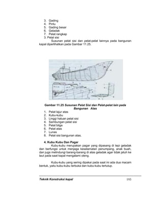 Teknik Konstruksi kapal 193
3. Gading
4. Pintu
5. Gading besar
6. Geladak
7. Pelat rangkap
3. Pelat sisi
Susunan pelat sisi dan pelat-pelat lainnya pada bangunan
kapal diperlihatkan pada Gambar 11.25.
Gambar 11.25 Susunan Pelat Sisi dan Pelat-pelat lain pada
Bangunan Atas
1. Pelat lajur atas
2. Kubu-kubu
3. Linggi haluan pelat sisi
4. Sambungan pelat sisi
5. Pelat bilga
6. Pelat atas
7. Lunas
8. Pelat sisi bangunan atas.
4. Kubu Kubu Dan Pagar
Kubu-kubu merupakan pagar yang dipasang di tepi geladak
dan berfungsi untuk menjaga keselamatan penumpang, anak buah,
dan juga melindungi barang-barang di atas geladak agar tidak jatuh ke
laut pada saat kapal mengalami oleng.
Kubu-kubu yang sering dipakai pada saat ini ada dua macam
bentuk, yaitu kubu-kubu terbuka dan kubu-kubu tertutup.
 