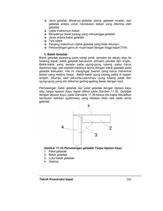 Teknik Konstruksi kapal 205
Jenis geladak. Misalnya geladak utama, geladak muatan, dan
geladak antara untuk menetukan beban yang diterima oleh
geladak.
Lebar maksimum kapal.
Banyaknya deret topang yang menyangga geladak.
Jarak antara balok geladak
Tipe balok
Panjang maksimum balok geladak yang tidak ditumpu.
Perbandingan garis air muat kapal dengan tinggi kapal (T/H)
3. Balok Geladak
Balok geladak dipasang pada setiap jarak, semakin ke depan atau ke
belakng kapal, balok geladak berukuran semakin pendek dan ringan.
Balok-balok yang berada pada ujung-ujung lubang palka harus
diperkuat lagi, dan setidak=tidaknya sama dengan balok geladak pada
geladak kekuatan, Hal ini mengingat daerah yang harus menerima
beban yang relative besar. Balok-balok ujung lubang palka di bagian
tengah, ditumpu oleh penumpu-penumpu ujung lubang palak dan
ujung-ujung yang lain diikat ke gading-gading besar dengan lutut.
Pemasangan balok geladak dan pelat geladak dengan lapisan kayu
atau tanpa lapisan kayu dapat dilihat pada Gambar 11.35. Geladak
dengan lapisan kayu, pada Gamabar 11.36 kedua sisi kapal dibulatkan
semacam selokan (gutterway) yang dibatasi bilah rata pada senta
geladak.
Gambar 11.35 Pemasangan geladak Tanpa lapisan kayu
1. Pelat geladak
2. Balok geladak
3. Lutut balok geladak
4. Gading
 
